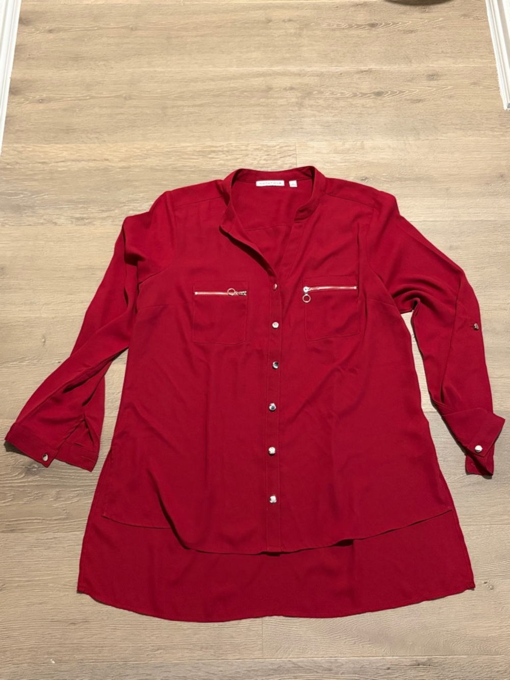 Notations Red Button-Front Tunic with Zip Pocket Details